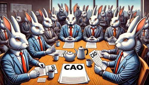 CAO onderhandelingen in stilte. Multiple rabbits dressed in businesssuites.